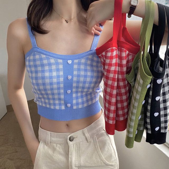 여성 체크패턴 하트버튼 크롭 니트나시 러블리룩
