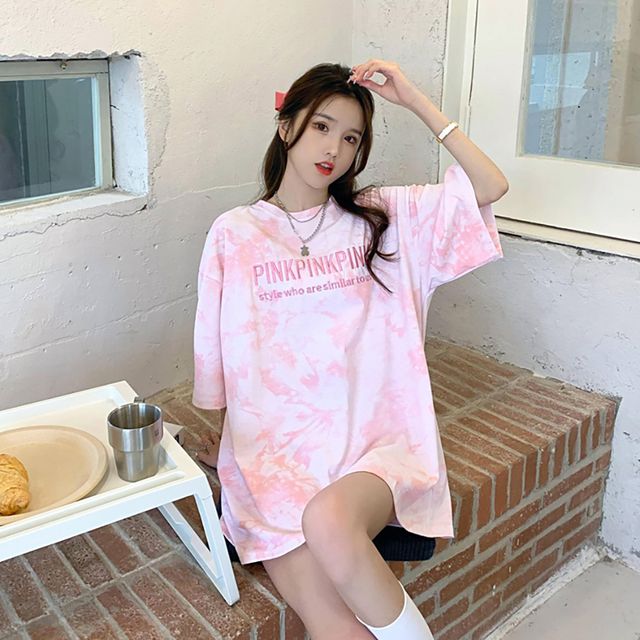 여자 데일리 스트릿 편한 여름 물감 영문 반발티셔츠