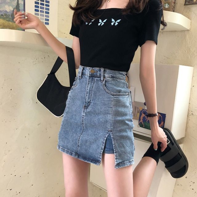 여자 미니스커트 스판 옆트임 속바지내장 데님스커트