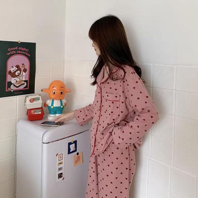 잠옷 하트 파자마 긴팔 수면 여성 홈웨어