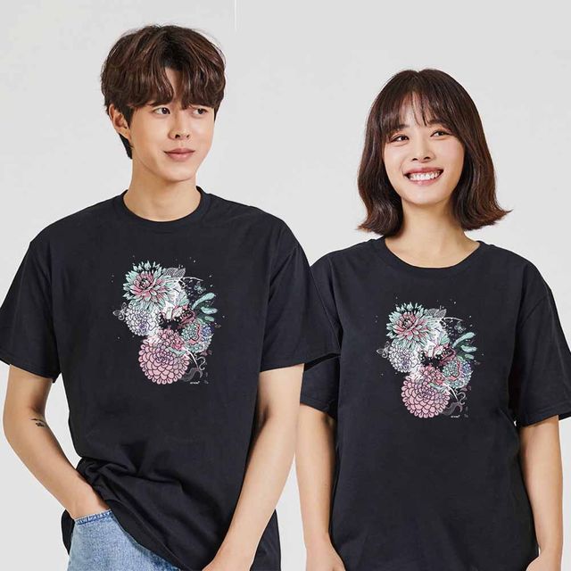 남성 반팔티, 꽃 디지털프린팅 오버핏 인쇄 티셔츠