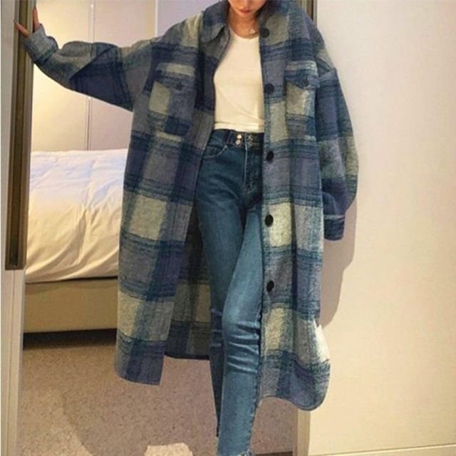남자 오버핏 울 체크 셔츠 자켓 가을 겨울 롱 남방 코트 간절기 아우터
