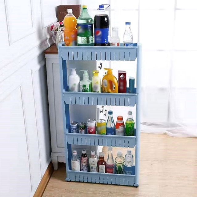 4단 이동식 틈새선반 원형트롤리 블루 공간활용 선반
