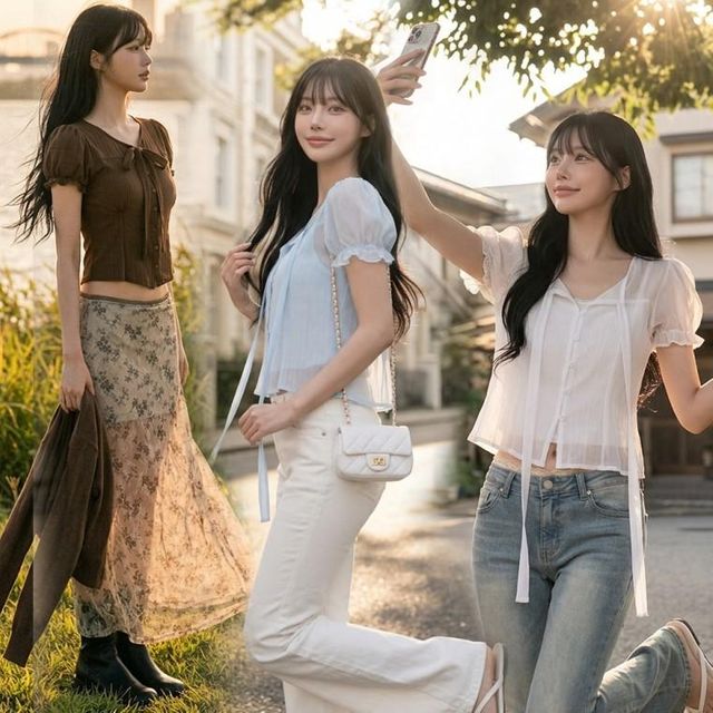 시스루 스트랩 셔츠 핀턱 반팔 리본 블라우스