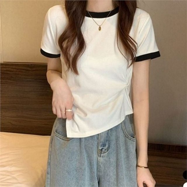 루즈핏 여성 반팔 티셔츠 라운드 여성 배색 티셔츠 데일리 여름