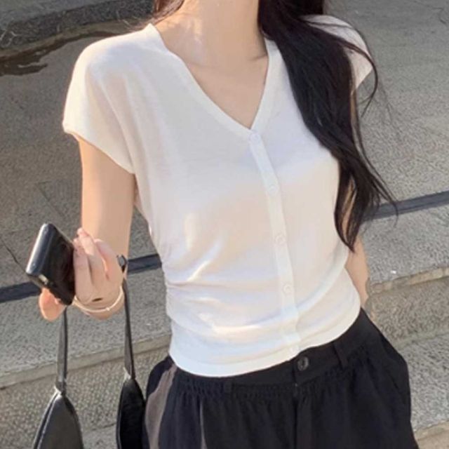 페이크 가디건 옆셔링 여성 반팔 니트 여름 데일리룩 추천