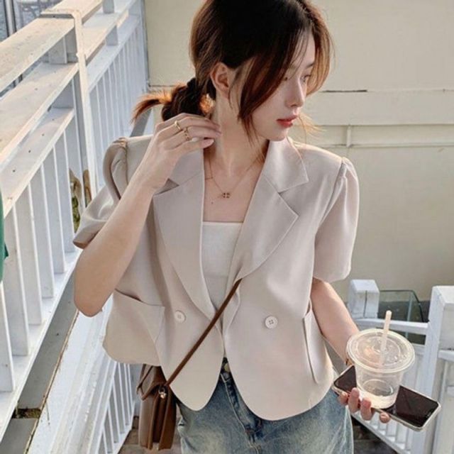 일상템 걸스 퍼프디테일 모던 포커스원버튼 여름철 하프슬리브 아우터 후드집업 사파리자켓 경량자켓 재킷