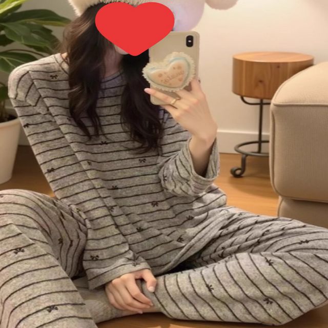 약기모 잠옷 홈웨어 세트, 은은 줄무늬 여성 수면잠옷