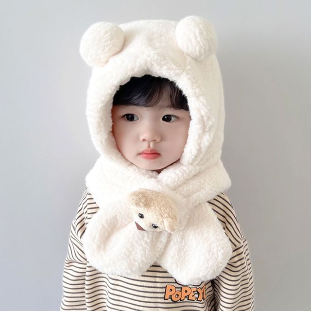 아동 곰인형 양털 후드 머플러 모자 목도리
