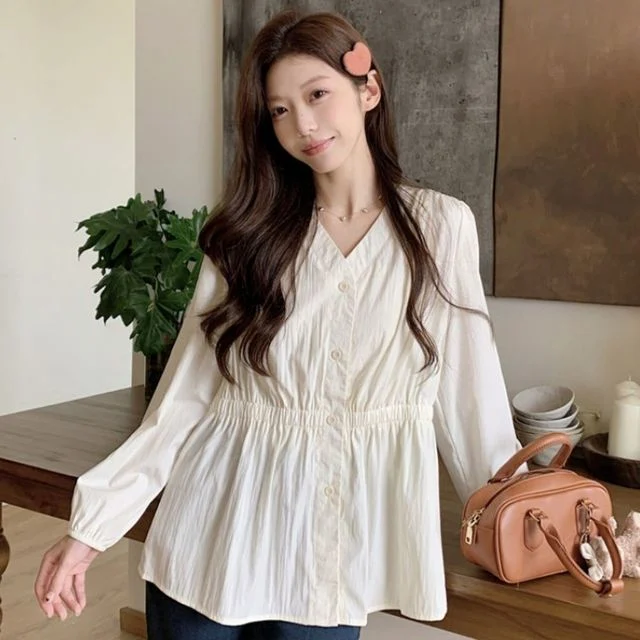 여성 여름 브이넥 블라우스 밴딩 데일리룩 셔츠