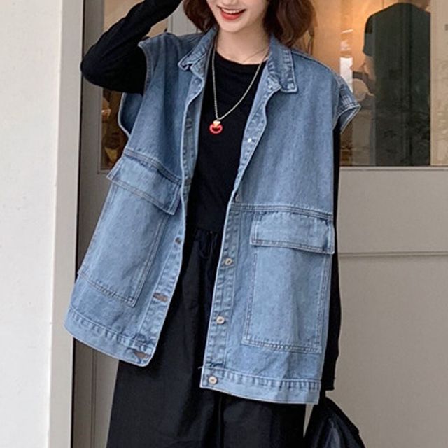 여자 베스트 간절기 데님자켓형 조끼 연청