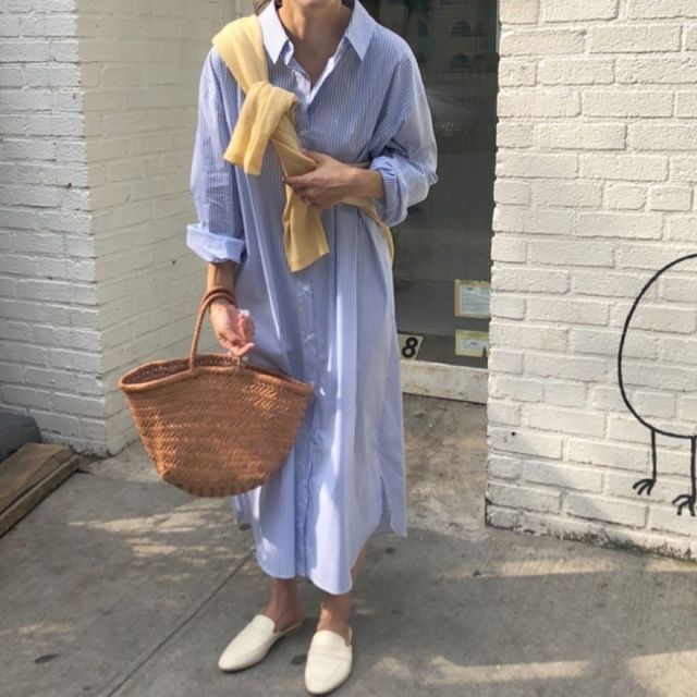 롱 원피스 스트라이프 오버핏 임산부 여성 캐주얼 의류