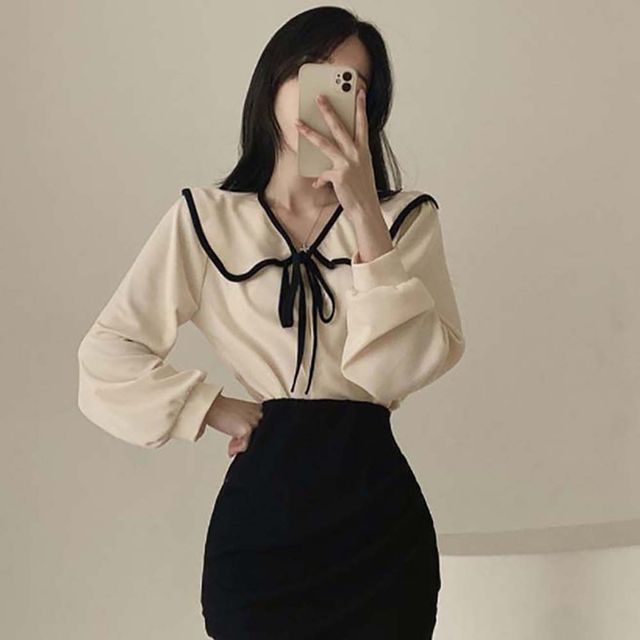 블라우스 여자 빅 넓은 카라 리본 매듭 러블리 긴팔