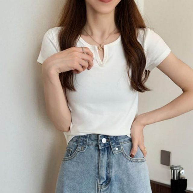 여성 브이넥 반팔티 슬림핏 여자티셔츠