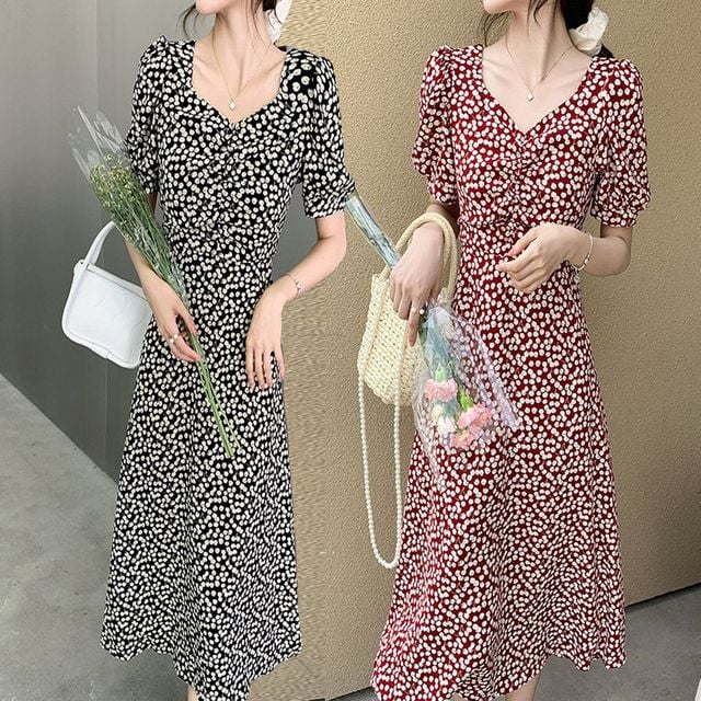 반팔 시원한 어깨 여자 앵두 퍼프 여름 패턴 롱원피스