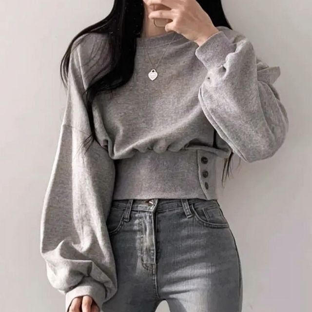 크롭티셔츠 버튼 허리핏 크롭