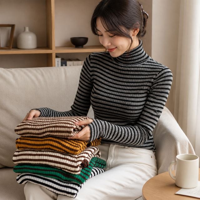 여성 골지 목폴라 티셔츠 겨울 기모 레깅스 이너 상의 데일리룩 실내복 사무실웨어
