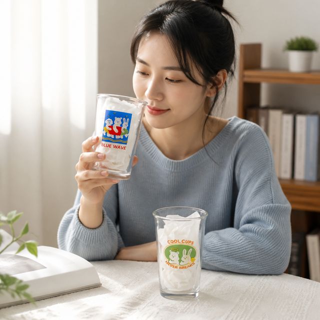 내열 유리컵 레터링 캐릭터 유리잔 홈카페 주방용 유리 물컵 1P