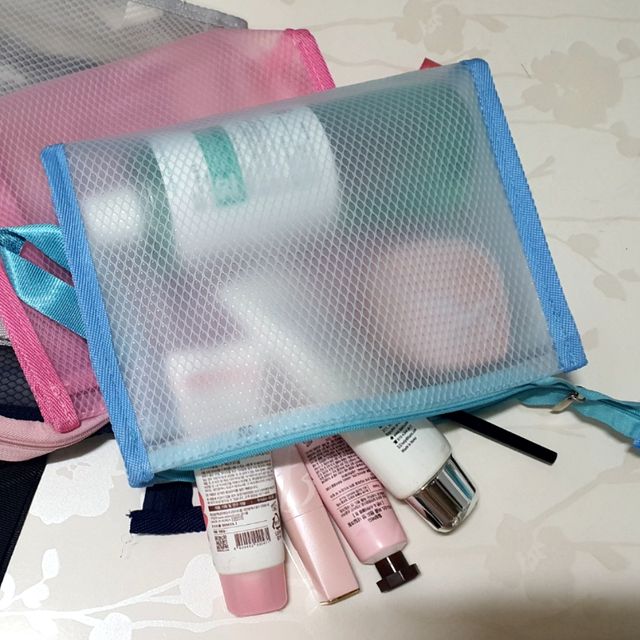 투명 파우치 격자무늬 PVC 화장품 가방, 스카이블루