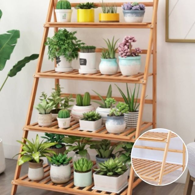 4단 대나무 화분진열대 60cm 거실화분선반 화분정리 원목화분선반 화분테이블 베란다화분선반