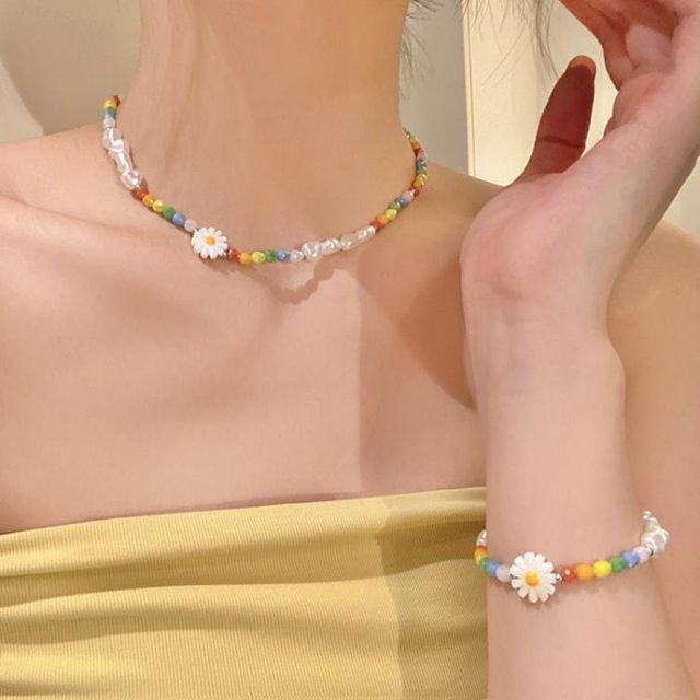 담수 진주 크리스탈 비즈 초커 목걸이 여름 바닷가 데일리 액세서리