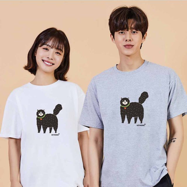 고양이 디지털프린팅 반팔 티셔츠 오버핏 i-cre