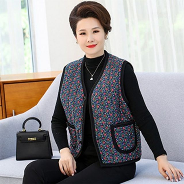 웜 할머니 베이직 플로럴 경량베스트 레트로중년 포근한 누빔소재
