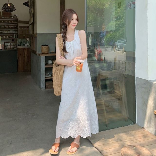 민소매 펀칭 스트링 리본 원피스 휴가룩 비치 자수 해변