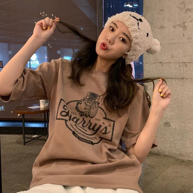 프린팅 여성 반팔 티셔츠 오버핏 여름 반팔티