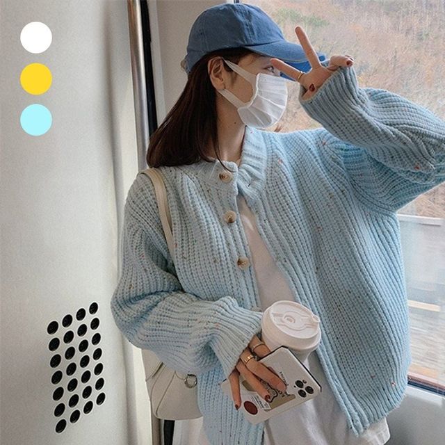 여성 컬러풀 포인트 라운드넥 가디건 여자 루즈핏 브이넥 봄자켓 니트