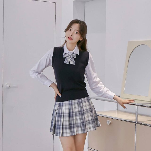 TBZ 교복몰 블루 아이보리체크 스커트 리본타이 SET 교복