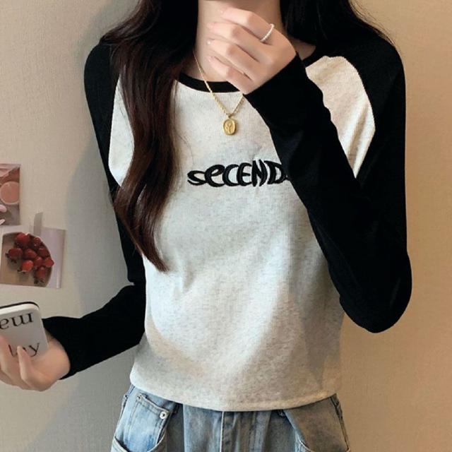 나그랑 자수 캐주얼 여성 긴팔 티셔츠 봄 가을 크롭