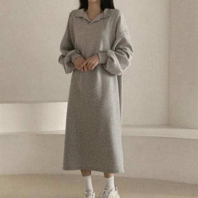 오픈 셔츠칼라오버실루엣 플리스 프리미엄 롱라인 롱드레스 박시핏 체형커버 캐쥬얼