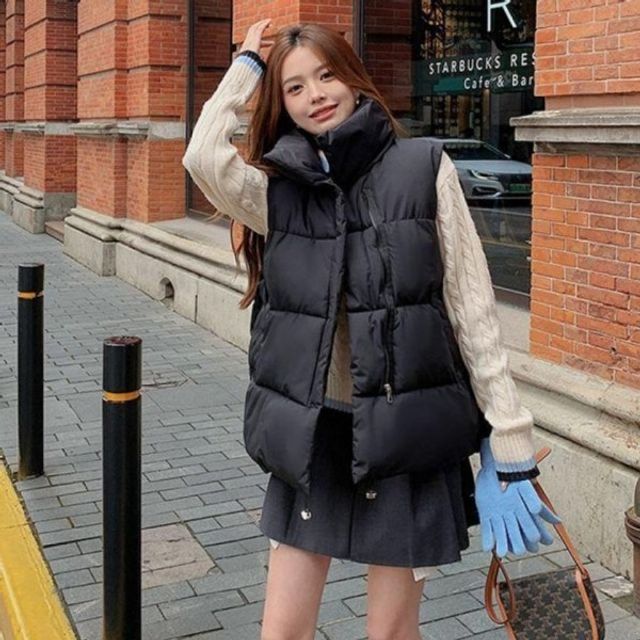 지퍼디테일슬리브리스탑 슬리브리스 다운 박시 심플 라이트 캐주얼룩 가벼운 스타일 웰론 숏기장 슬리브리