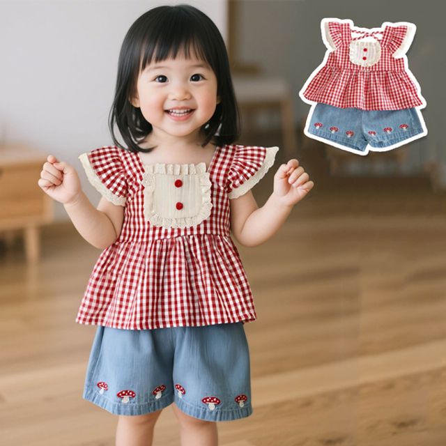 SET레드체크 여아동 블라우스 반바지 상하세트 205779