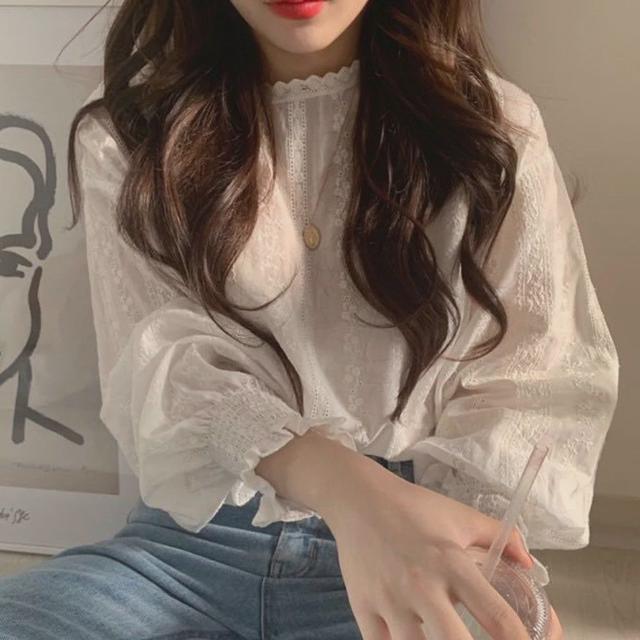 프릴 러플 플리츠소매 시스루 블라우스 여대생 패션