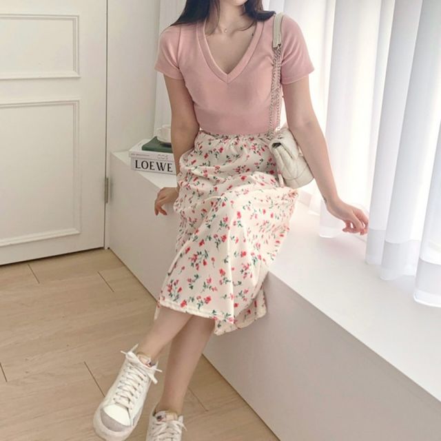 쉬폰 플라워 밴딩 롱스커트 여자 A라인 휴가 바캉스 치마