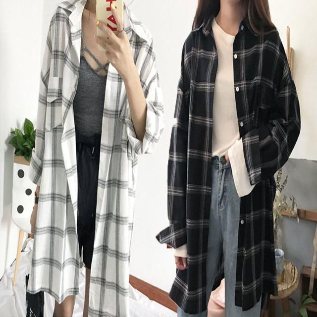 루즈핏 여성 롱 체크 셔츠 긴 남방 오버핏 데일리룩