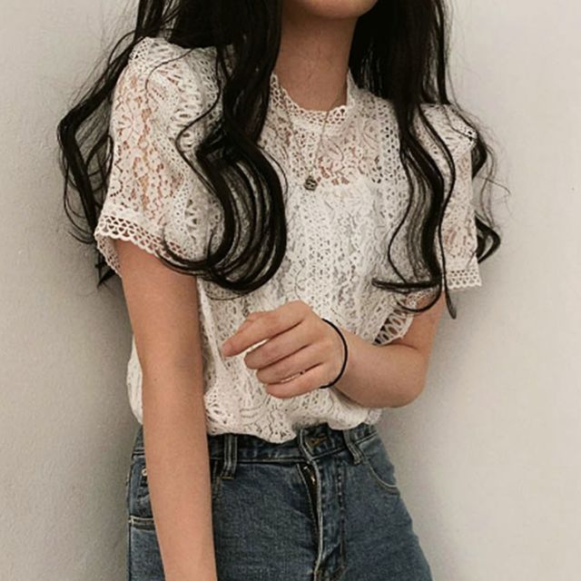 여성 레이스블라우스 시스루 반팔 레이어드 블라우스