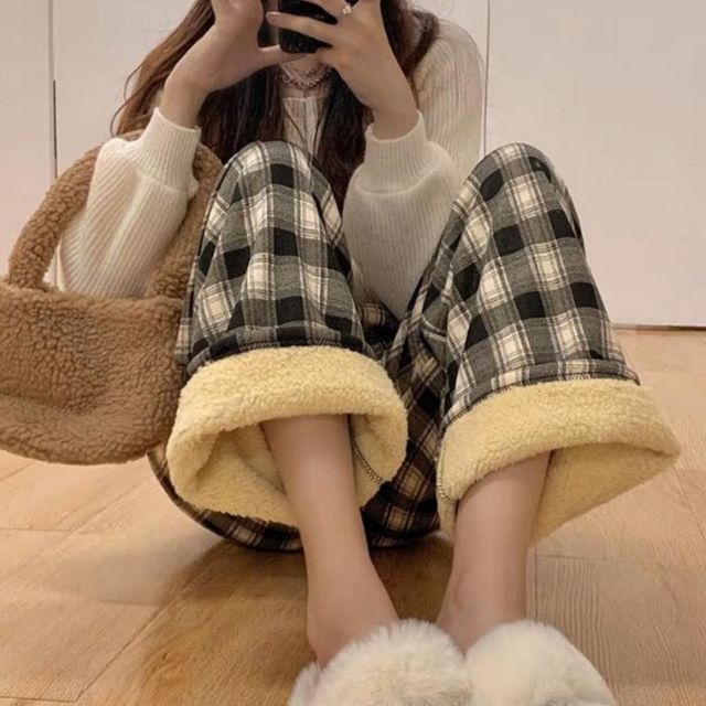 여성 체크 수면 커플 겨울 양털 극세사 잠옷 파자마