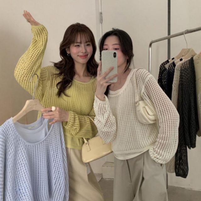 레이어드 그물 펀칭 여성 오버핏 여름 데일리 니트