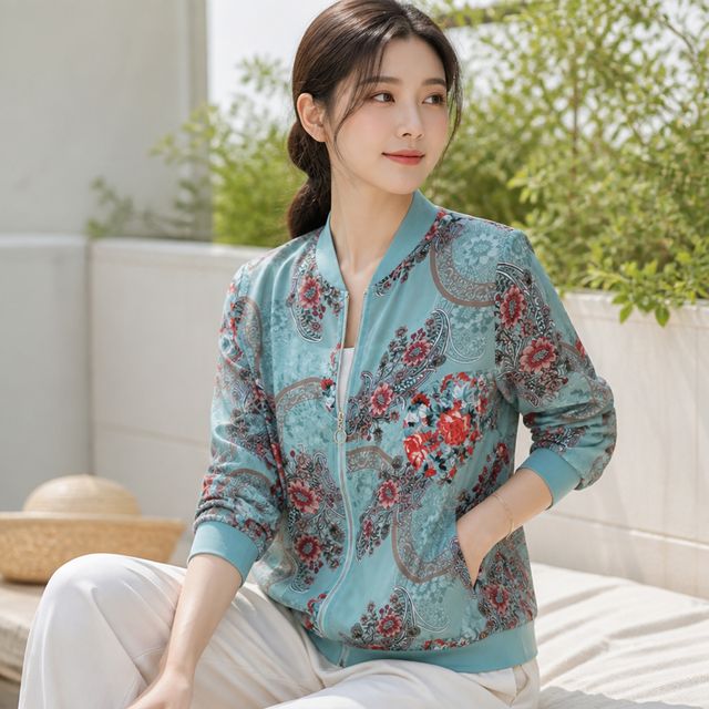 로맨틱 패턴 집업 바람막이 그레이 여성 점퍼 자켓 비치 수영복 아우터
