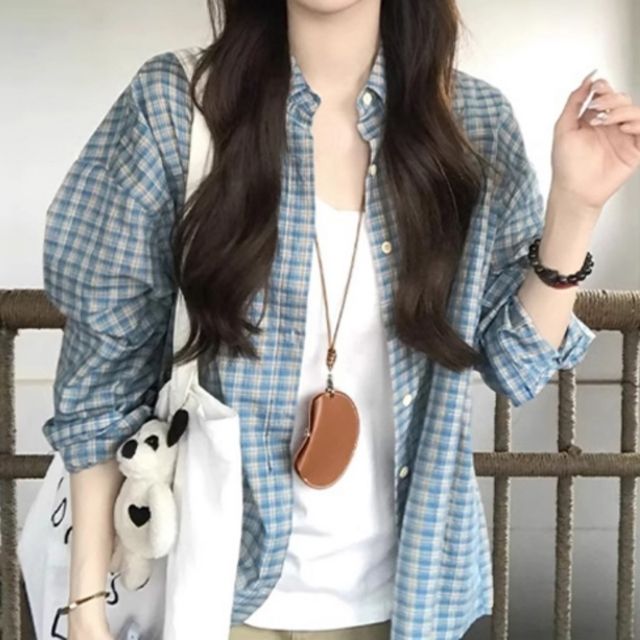 여성셔츠 루즈핏셔츠 긴팔 블루 체크 남방 캐주얼 데일리룩 셔츠 여성의류