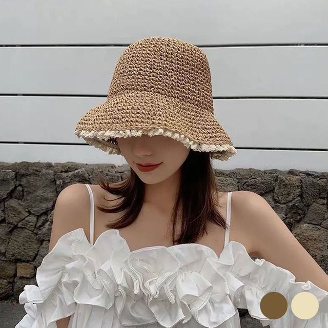 모자 선캡 끝단 레이스 휴양 왕골 모자 데일리