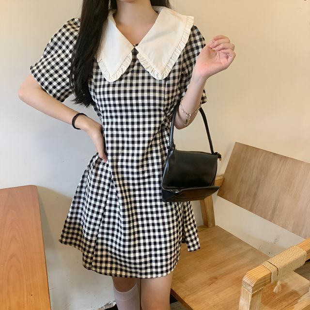 여성 데이트룩 하객룩 빅카라 체크 미니 원피스