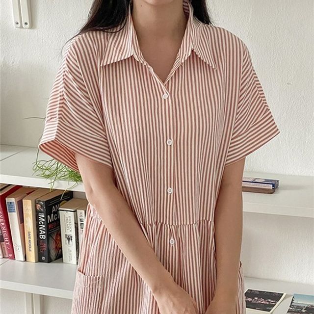 여유핏 세로줄 버튼 숏티롱드레스 트렌디