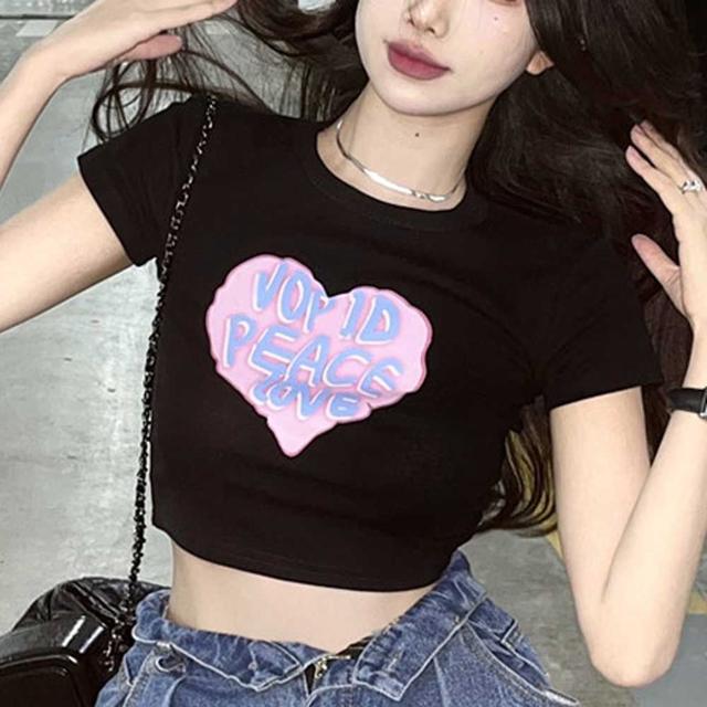 여성 영문 하트 프린팅 라운드 크롭 반팔티 이너 단독
