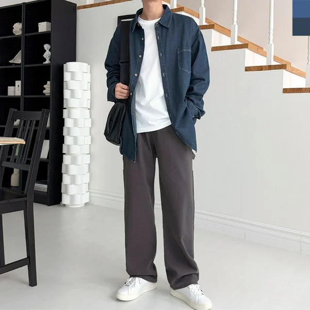 남성 사계정 단단한 코튼데님 오버핏 데님 셔츠 청남방
