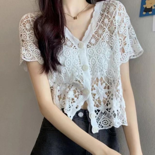 여성 여름 반팔 그물 펀칭 니트 크로셰 빈티지 가디건