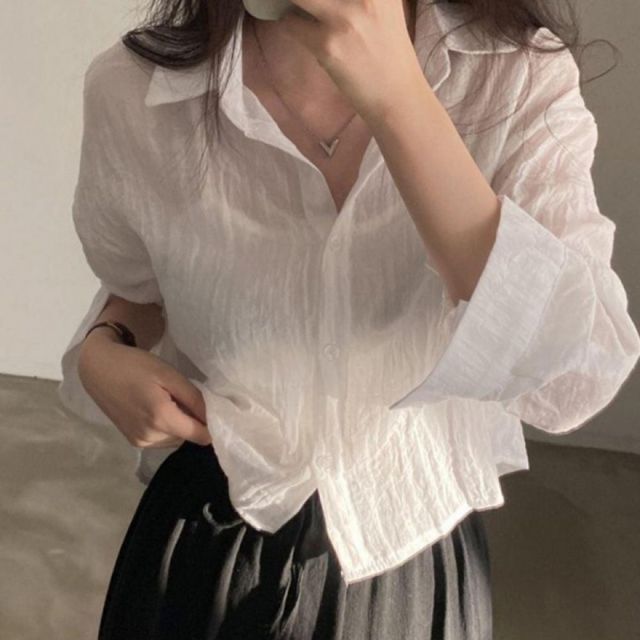 여성용 시원한 아사면 크롭 긴팔 셔츠 여름 바캉스 남방